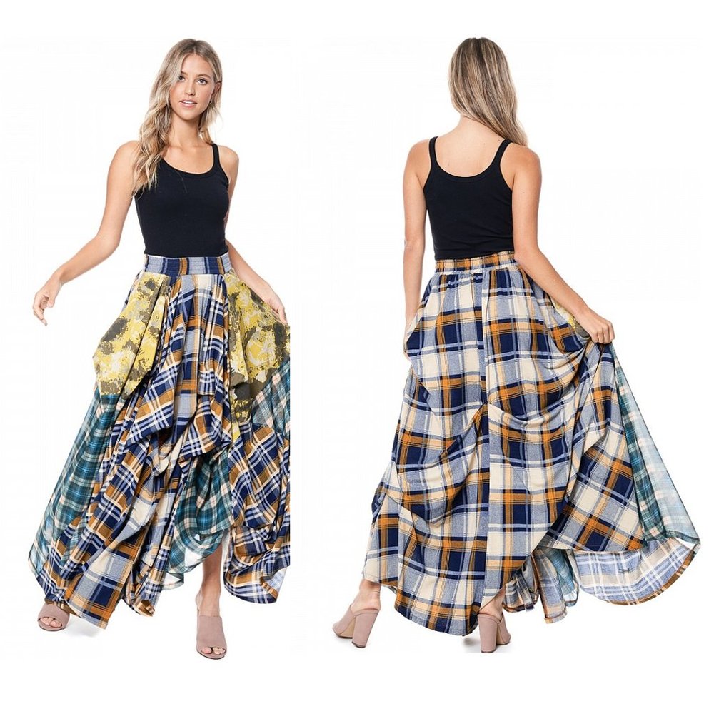 TOV Holy Plaid Patchwork Maxi Skirt - Yellow, Blue & Green